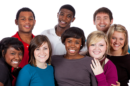 A multi-racial group of college students on a white background